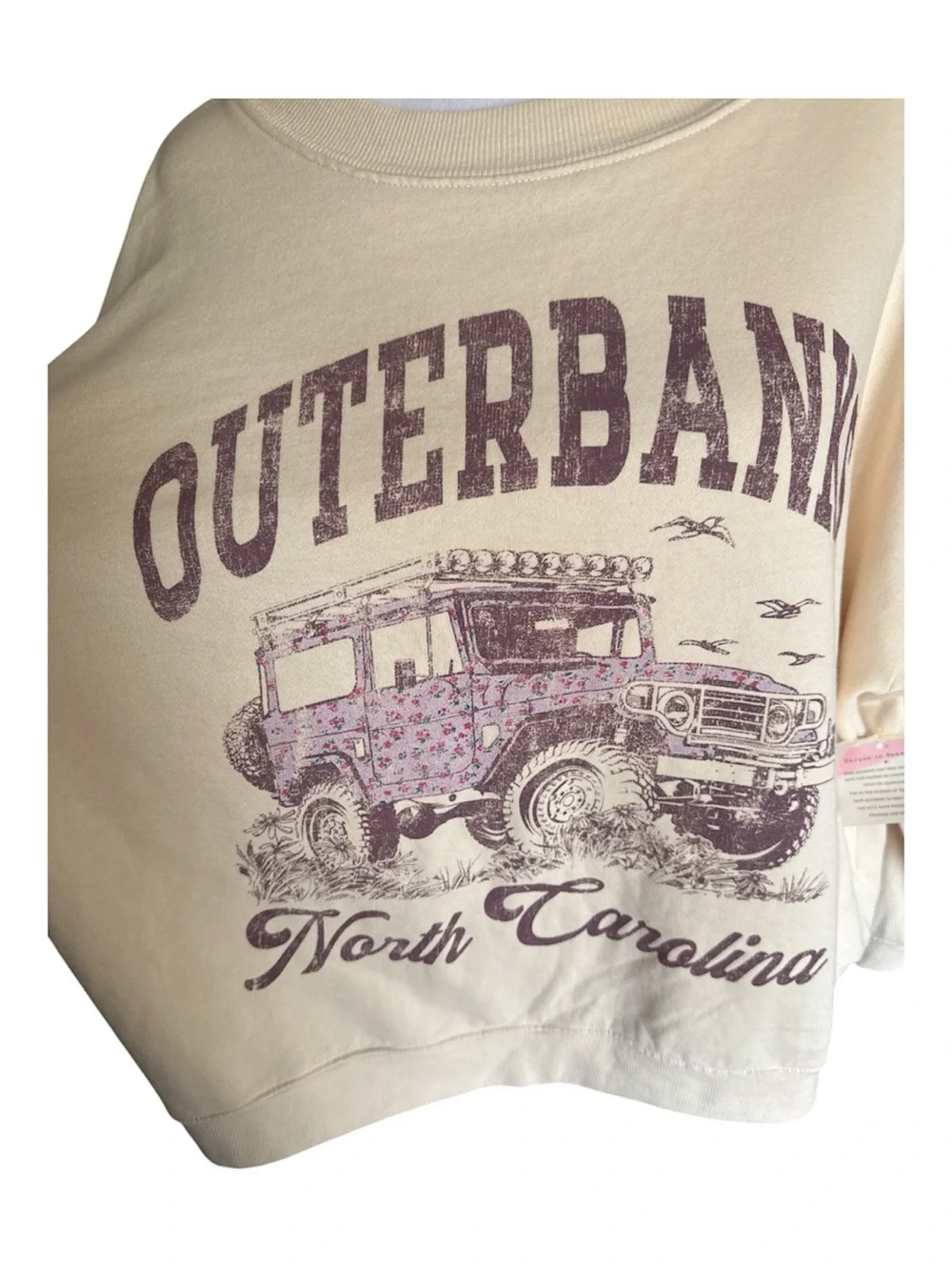 Women’s Oversized Cream Graphic Crewneck Top - Outerbanks North Carolina OBX M/L